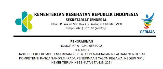 PENGUMUMAN HASIL SELEKSI KOMPETENSI BIDANG (SKB) UJI PENAMBAHAN NILAI DARI SERTIFIKAT KOMPETENSI PASCA SANGGAH PADA PENERIMAAN CPNS KEMENKES TAHUN 2021