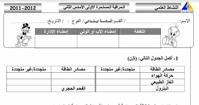 فرض النشاط العلمي المستوى السادس ابتدائي المرحلة الثالثة  النموذج 6