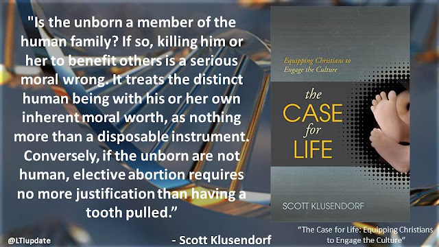 "Is the unborn a member of the human family? If so, killing him or her to benefit others is a serious moral wrong. It treats the distinct human being with his or her own inherent moral worth, as nothing more than a disposable instrument. Conversely, if the unborn are not human, elective abortion requires no more justification than having a tooth pulled."- Scott Klusendorf- "The Case for Life"