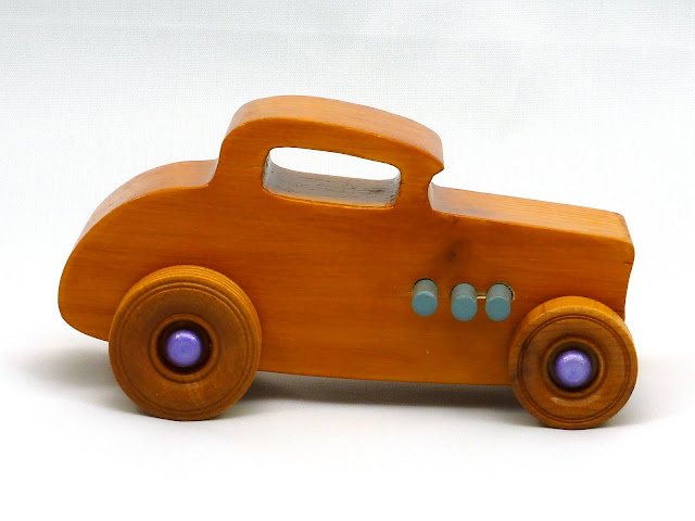 Right Side - Wooden Toy Car - Hot Rod Freaky Ford - 32 Deuce Coupe - Pine - Amber Shellac - Metallic Purple Hubs - Gray Exhaust