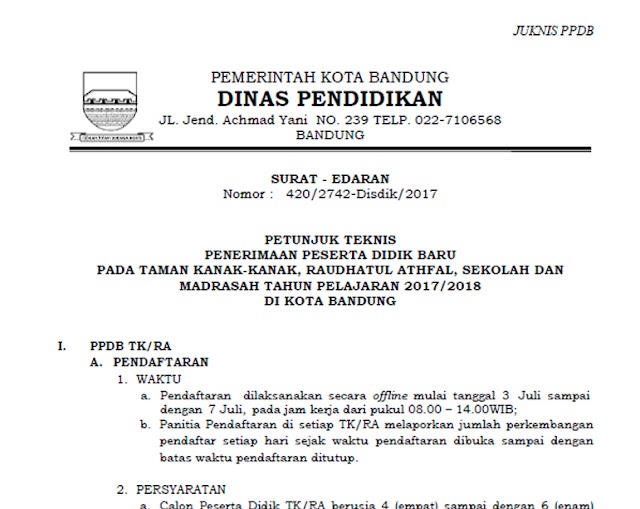 Petunjuk Teknis (Juknis) PPDB SD/MI Kota Bandung 2017