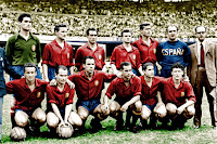 SELECCIÓN DE ESPAÑA. Temporada 1949-50. Ramallets, Gonzalvo III, Gabriel Alonso, Gonzalvo II, Puchades, Dr. Cabot (médico), Andrés Ramírez (secretario RFEF). Basora, Igoa, Zarra, Panizo, Gainza y Parra. SELECCIÓN DE ESPAÑA 1 SELECCIÓN DE INGLATERRA 0. Domingo 02/07/1950, 14:00 horas. IV Copa del Mundo Brasil 1950, fase final, 1ª fase de grupos, Grupo II, partido 3. Rio de Janeiro, Brasil, estadio de Maracaná. GOLES: 1-0: 48’, Zarra