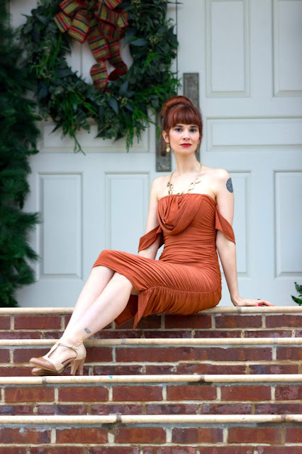 Rust Bardot Cowl Neck Ruched Midi Dress - Malia from FemmeLuxeFinery.co.uk