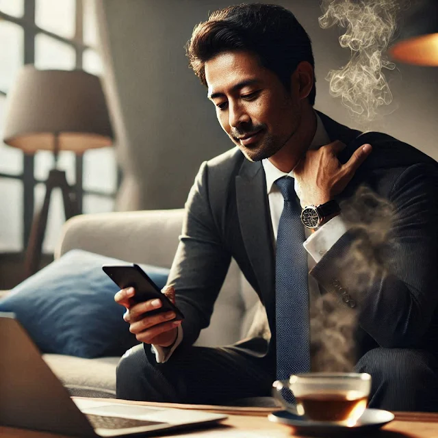 un malaysien de 38 ans, détendu travaillant depuis son canapé confortable avec un ordinateur portable et un Smartphone. Il consulte son téléphone avec un léger sourire. L'ambiance est douce et chaleureuse, avec une lumière naturelle tamisée. Sur une table basse, on aperçoit une tasse de café fumante.