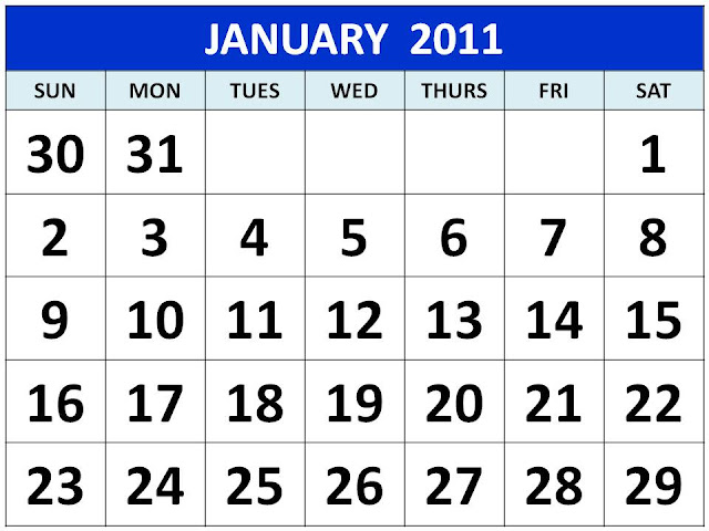 January 2011 Calendar. Free Printable January 2011