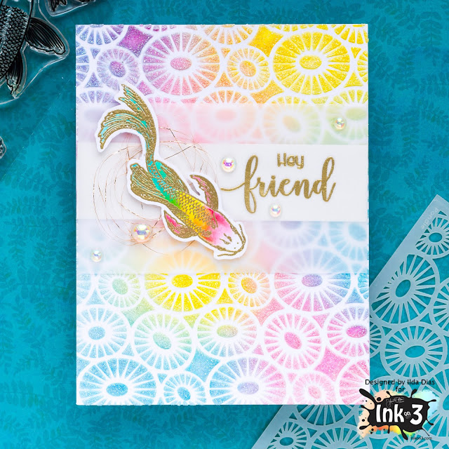 Atelier Inks, blending Fadeout Ink, Friendship, Ink On 3, Koi Pond Stamp Set, Pondie Stencil, Shaker Card, Water coloring, Wavy Stencil, 