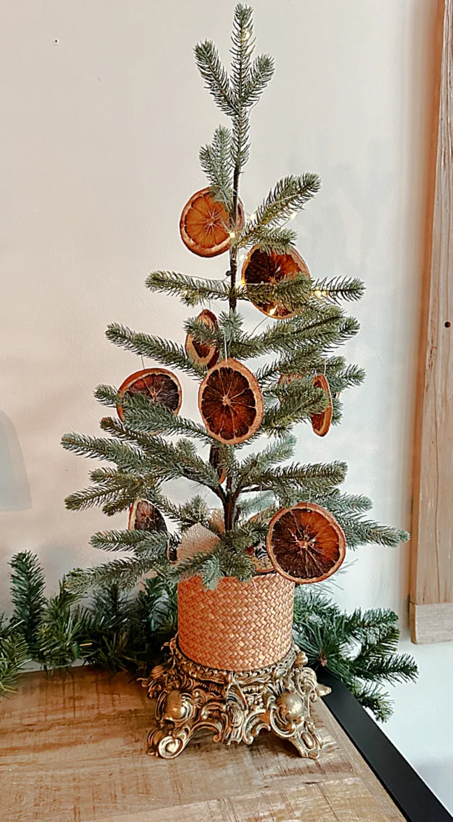 tree with oranges in metal base