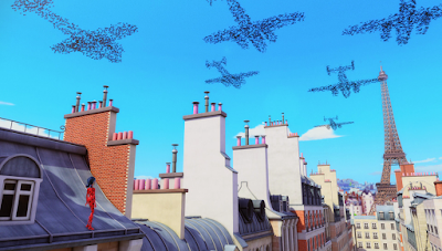 Ladybug stands on a rooftop, watching pigeons in aircraft-shaped mini-flocks heading towards the Eiffel Tower