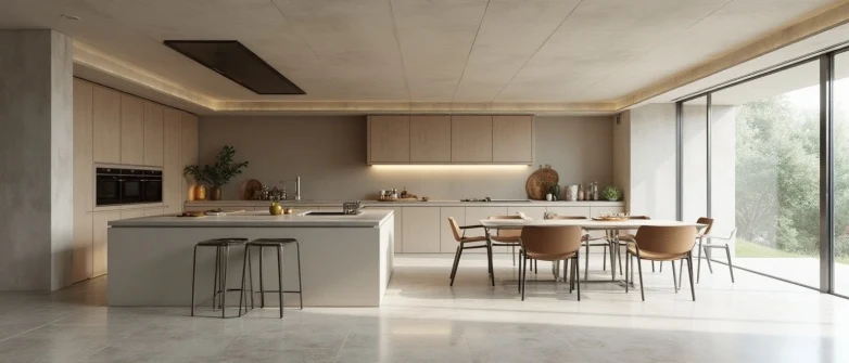 مطبخ ألوميتال عصري مفتوح على غرفة المعيشة بألوان محايدة وتصميم بسيط.