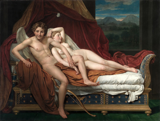 Un hombre con alas está recostado de una cama. A su lado una mujer descansa.