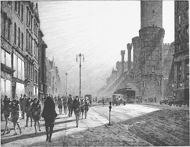 a Martin Lewis 1929 print of poeople walking in a cityscape with radiating sun rays