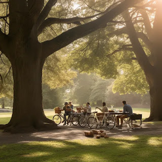 a group of cyclists having a picnic in a park