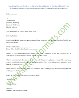 Request Letter to Bank for Cancellation or Closing of Credit Card (Sample)