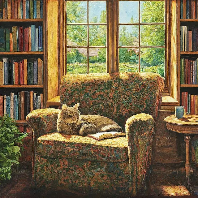 A cozy reading book bathed in warm sunlight