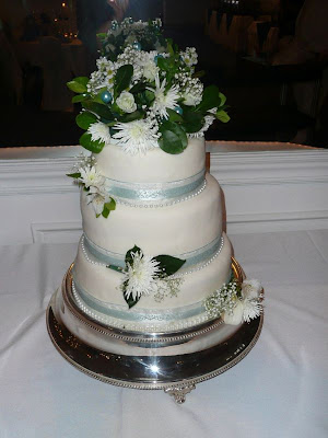 White Round Wedding Cake with Light Blue Accent