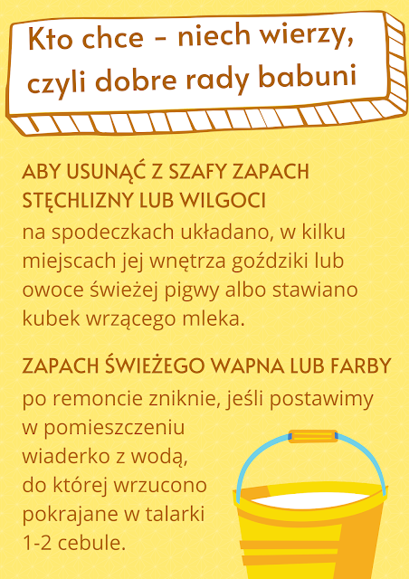 Plakat informujący o dobrych radach babuni pn. Kto chce niech wierzy czyli dobre rady babuni - część 1. Treść porad: ABY USUNĄĆ Z SZAFY ZAPACH STĘCHLIZNY LUB WILGOCI - na spodeczkach układano, w kilku miejscach jej wnętrza goździki lub owoce świeżej pigwy albo stawiano kubek wrzącego mleka. ZAPACH ŚWIEŻEGO WAPNA LUB FARBY - po remoncie zniknie, jeśli postawimy w pomieszczeniu wiaderko z wodą,  do której wrzucono pokrajane w talarki 1-2 cebule.