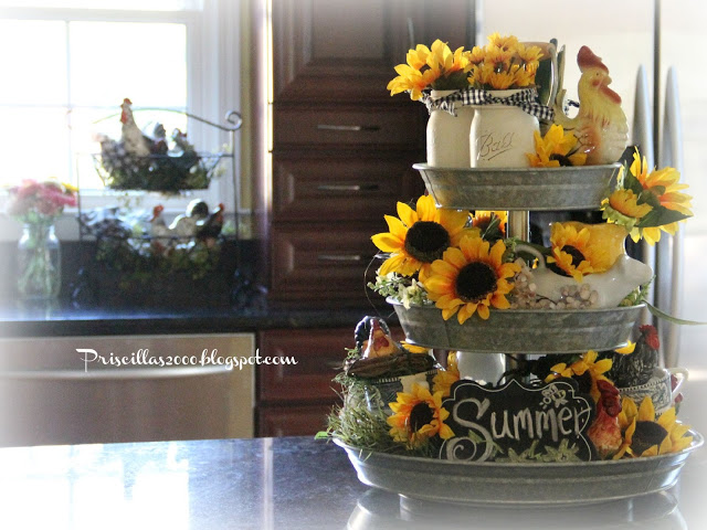 Sunflower Galvanized Tiered tray- Pricilla'sTreasure Hunt Thursday- From My Front Porch To Yours