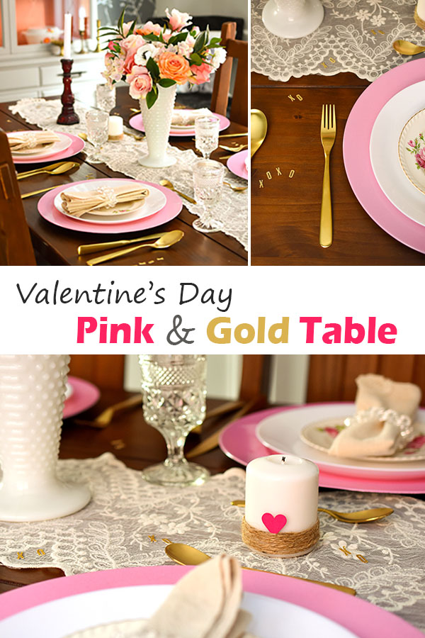 Valentine's Day Pink and Gold Table Decor with gold flatware and vintage touches #decor #valentinesday #table