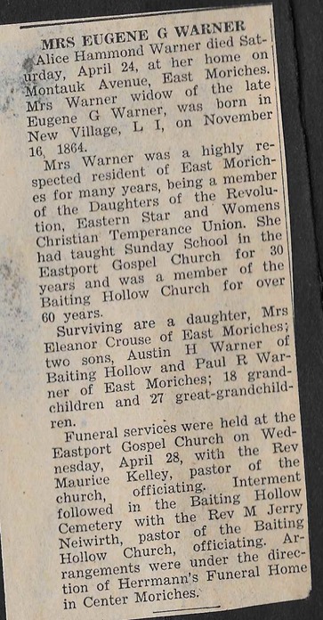 Warner Alice Hammond obit 1954