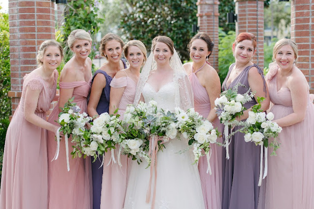 bridesmaids dresses in pink and purple