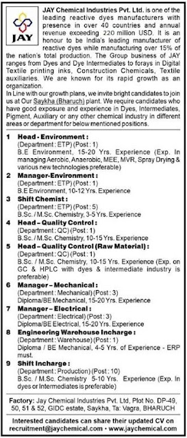 Jay Chemical Industries Hiring For Environment/ ETP/ QC/ Production/ Mechanical/ Electrical/ Warehouse