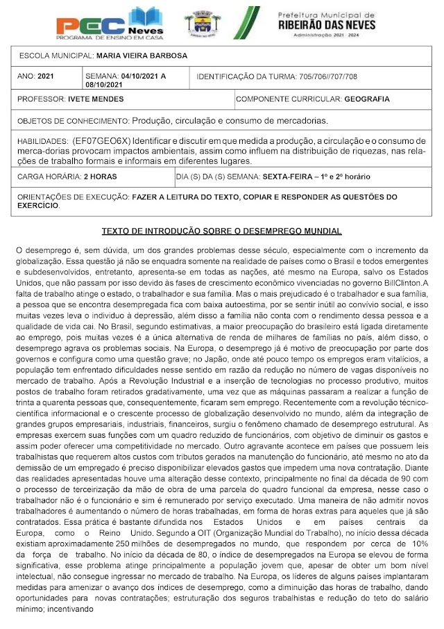 ATIVIDADE DE GEOGRAFIA DO DIA 04/10/21 A 08/01/21 - PROFESSORA IVETE 