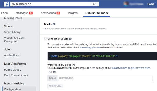 Code Snippet Connect your site Facebook Instant Articles