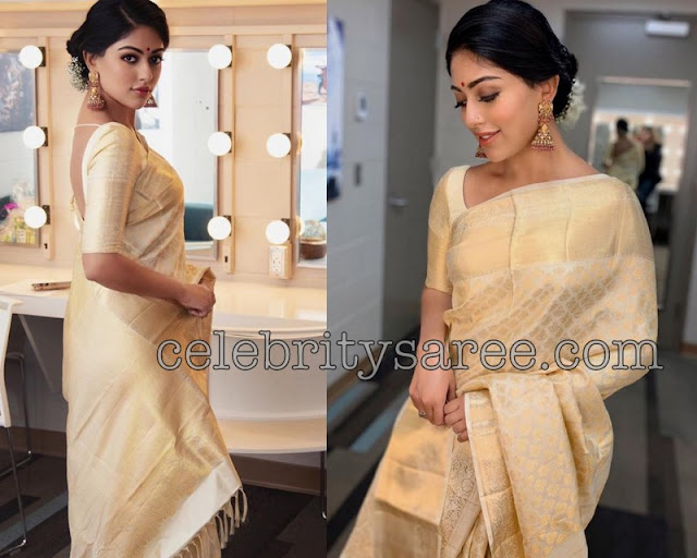 Anu Emmanuel Off White Silk Saree 