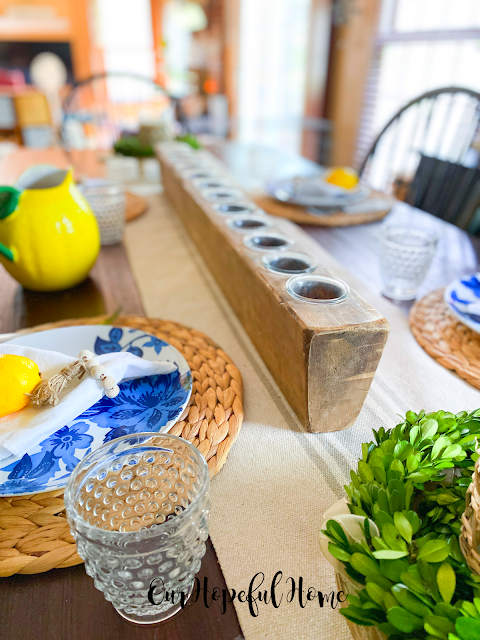farmhouse dinner table lemon pitcher blue flower plates