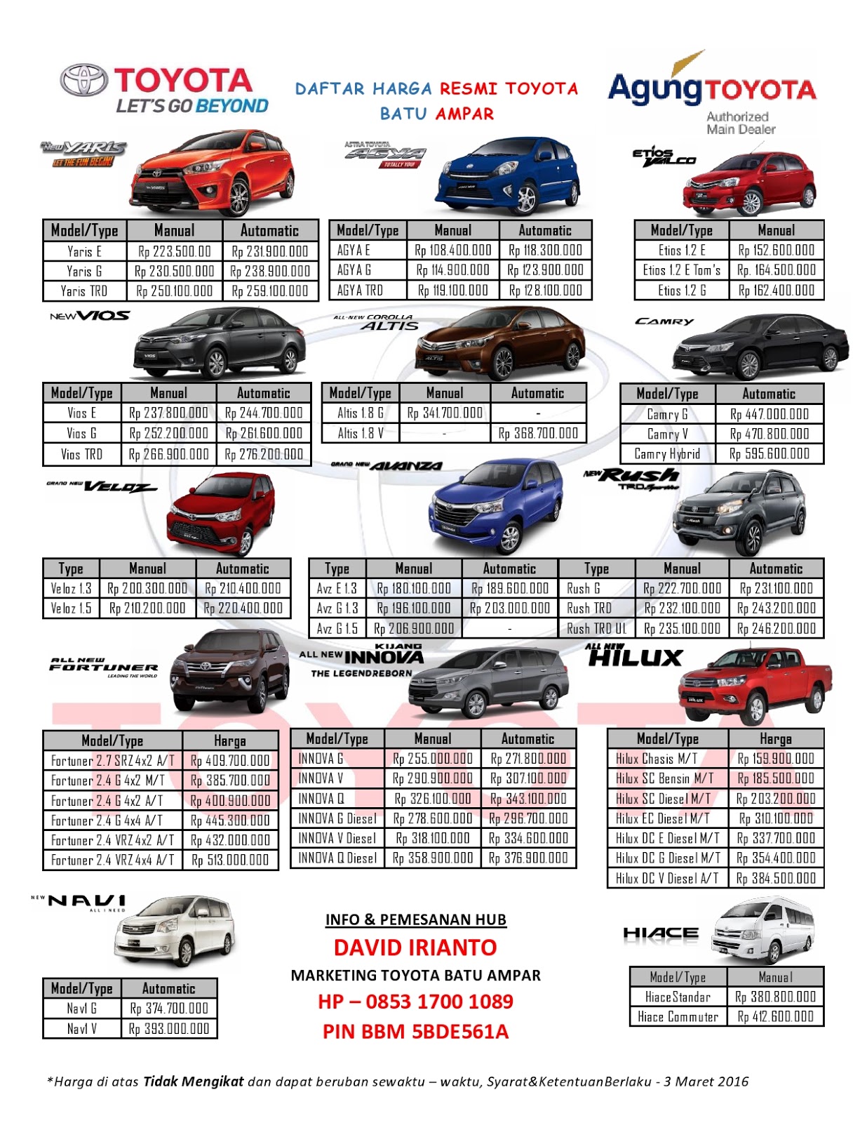 Daftar Harga Agung Toyota Batu Ampar Batam David Toyota Batam