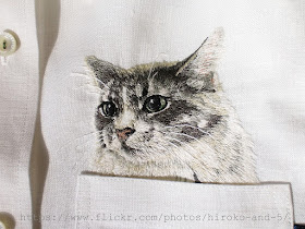 кошки вышивка. кошки в кармане рубашки, гладь