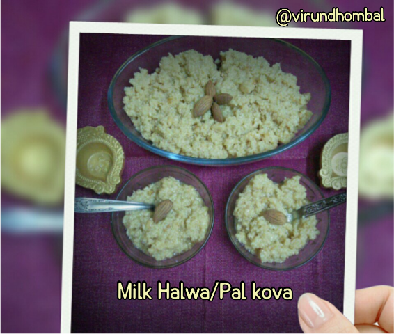 Milk halwa/Pal kova has been a favourite sweet for all of us.This milk halwa is prepared with cow's milk, milk powder and sugar. The cow's milk is slowly cooked in a large wide kadai and milk powder is added to speed up the process. You can find the goodness and richness of milk in this homemade milk halwa. The natural fat in the milk itself preserves the halwa longer and I have added a little ghee to prevent from burns in the bottom. 