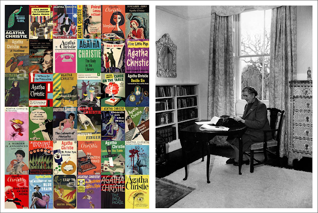 At left is a montage of 36 of Agatha Christie’s book covers. At right, a black-and-white shows her in her home, typing.