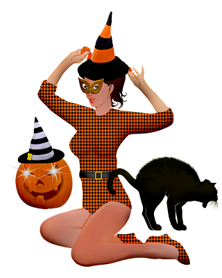 A young witch in a bathing suit with a jack-o-lantern and black cat.