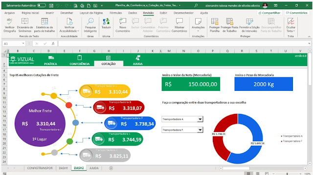 Planilha de Conferência e Cotação de Fretes Transportadora em Excel
