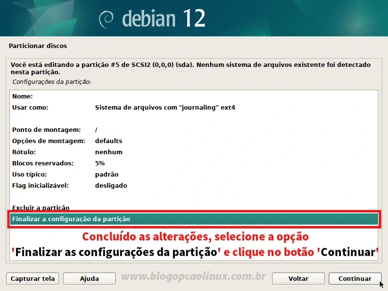 Clique duas vezes em 'Finalizar a configuração da partição'