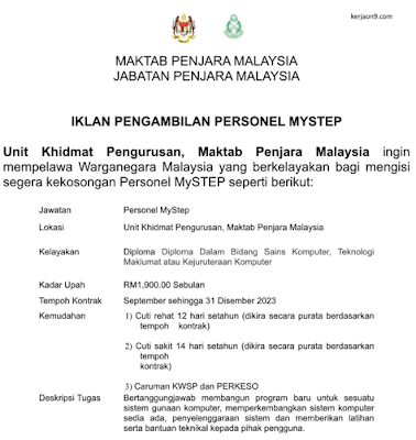Kerja Kosong Terkini Di Jabatan Penjara Malaysia / Minima Kelayakan Diploma / STPM / Tarikh Tutup 13 September 2023 (Rabu)
