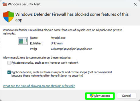 allow access for windows security alert regarding xampp mysqld.exe
