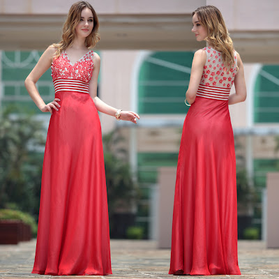 Red V-Neck Floor Length Dress