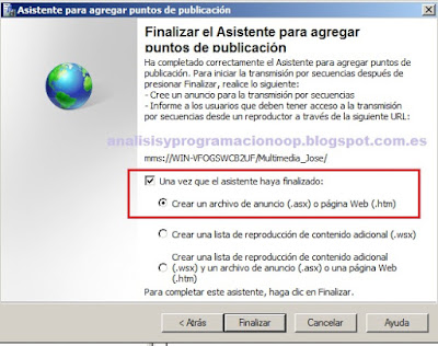 Windows Media Services. Finalizar asistente puntos de publicación