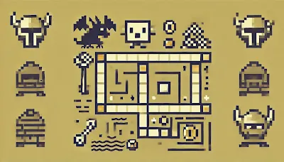 Adventure의 게임 화면과 용, 열쇠, 미로의 그래픽 요소를 시각화한 도식