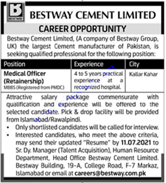 Bestway Cement Latest Jobs 2021 in Pakistan