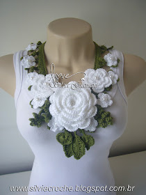 branco, verde, colar de flor, colar de flores, moda feminina, croche, maxi colar, colar de croche