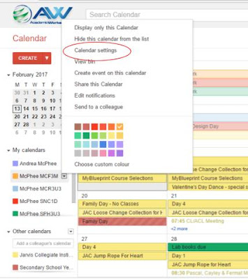 screen shot of calendar settings