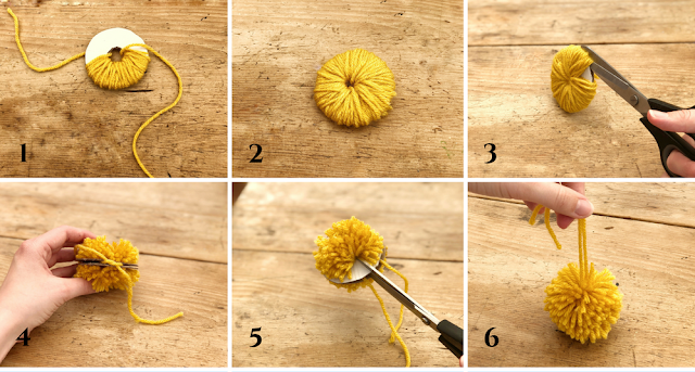 DIY tutorial to make a wool pom pom garland on belly basket for £10. Summer interior trend and storage solution you can craft and create yourself on a tight budget