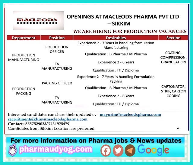 Macleods | Hiring for Production department at Sikkim | Send CV