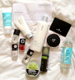 Clynol Revive Shampoo and Caress Split Ends for dry/damaged hair, The Body Shop Seaweed Clarifying Toner, Seaweed Pore-Cleansing Facial Exfoliator, Nutriganics Smoothing Night Cream, and Hemp Foot Protector, E.L.F. Mineral Booster, Complexion Perfection, Matte Finish Nail Polish, and nail polishes in shades 'Clear', 'White' and 'Smokin' Hot', eyes lips face, immediate public relations, immediate pr