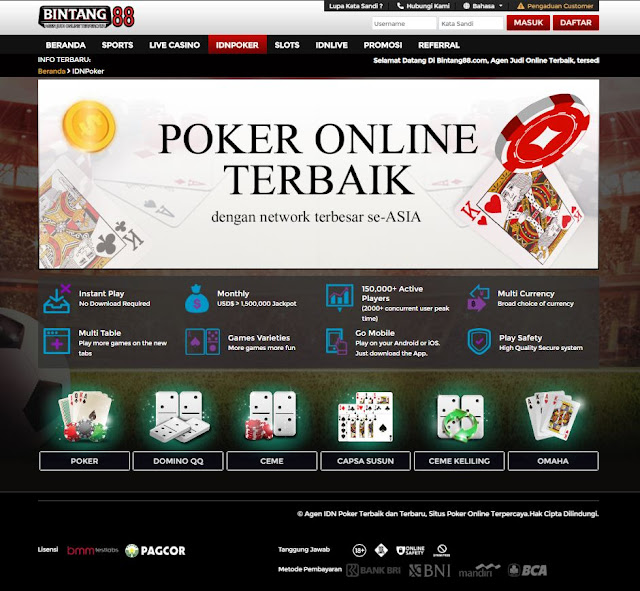 Bintang88 merupakan Daftar Poker Online, Agen Judi Online, IDN Poker Terpercaya yang menyediakan permainan Domino QQ, Capsa Susun, Ceme Sejak Tahun 2014.
