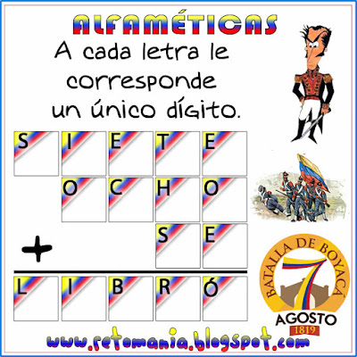 Alfamética, Criptoaritmética, Criptograma, Criptosuma, Juego de Letras, Juego de Palabras, Matemática y la Batalla de Boyacá, Batalla de Boyacá, Matemáticas y las Fiestas Patrias, Retos matemáticos, Desafíos matemáticos, Problemas matemáticos