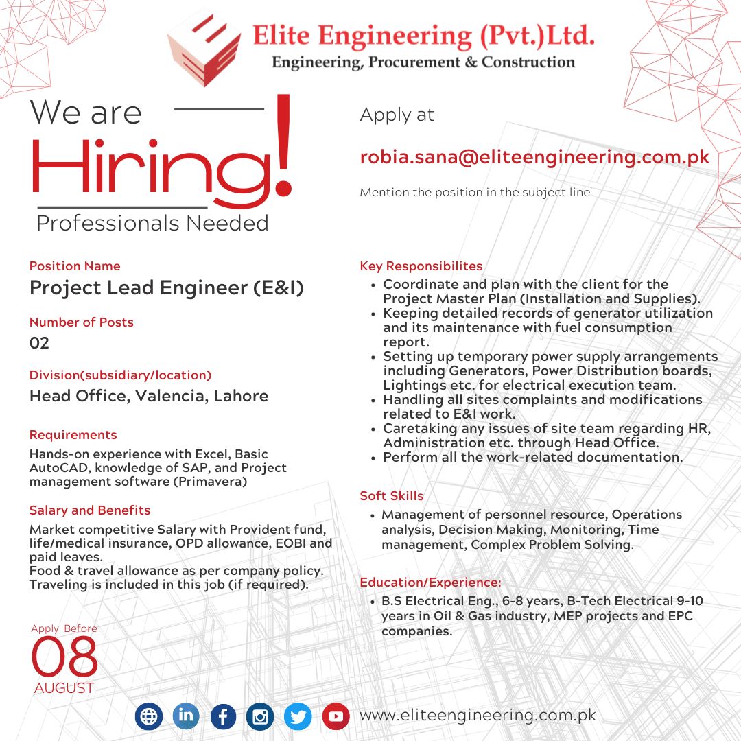 Elite Engineering Pvt Ltd Jobs for 𝗣𝗿𝗼𝗷𝗲𝗰𝘁 𝗟𝗲𝗮𝗱 𝗘𝗻𝗴𝗶𝗻𝗲𝗲𝗿 (𝗘&𝗜)